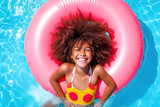 black overjoyed laughing smiling exited child in swimming pool floating on swimming ring, Little girl having fun on family summer vacation in tropical hotel resort, tourism, generative ai.