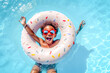 © Jim1786 - black overjoyed laughing smiling exited child in swimming pool floating on swimming ring, Little boy in sunglasses having fun on family summer vacation in tropicalresort, tourism, generative ai.