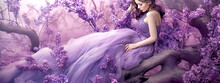 Violet Color Abstract Banner, Woman On The Branch Of A Flowering Tree Made With Generative AI