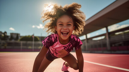 Wall Mural - Little girl warming up for a morning workout outdoors. Generative AI.