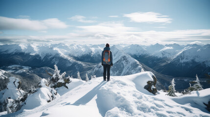 Explorer stand in front of high mountain peak winter snowy landscape. Generative AI