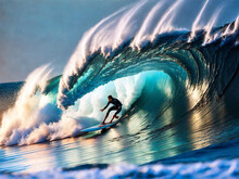 A Lone Surfer Challenging A Mighty Wave