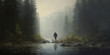 © JoelMasson - Bigfoot crossing a creek river in a North American forest wilderness. Oil painting art. Generative AI illustration