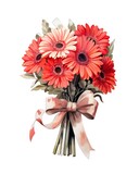 Bouquet of red gerbera flowers tied with elegant ribbon on white background in watercolor style. Generative AI.