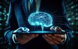 © Deivison - Businessman holding tablet, brain projection, technology and AI concept. Generative AI