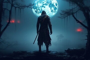 landscape with dark ninja from the back and full moon, black background. generative ai