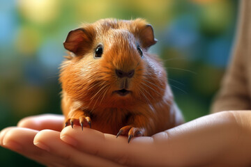 Poster -  A friendly guinea pig being held and petted by a child, highlighting the popularity of these small rodents as gentle and interactive pets.  Generative AI technology.