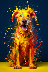 Poster - An abstract surreal photograph of a Dog splashed in bright paint, contemporary colors and mood social background. Generative AI technology.