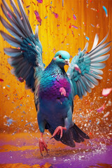 Aufkleber - An abstract surreal photograph of a Pigeon splashed in bright paint, contemporary colors and mood social background.  Generative AI technology.