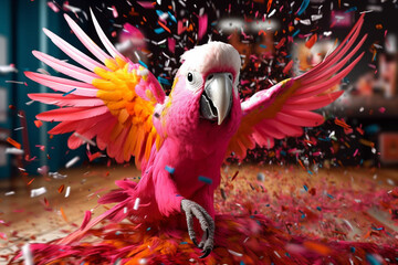 Aufkleber - An vibrant photograph of a Cockatoo splashed in bright paint, contemporary colors and mood social background.  Generative AI technology.