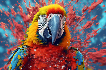 Aufkleber - An vibrant photograph of a Macaw splashed in bright paint, contemporary colors and mood social background.  Generative AI technology.