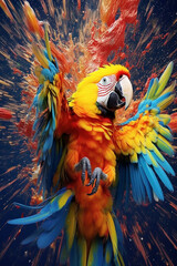 Aufkleber - An abstract surreal photograph of a Macaw splashed in bright paint, contemporary colors and mood social background. Generative AI technology.