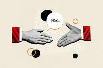 Poster - Photo banner collage illustration of handshaking togetherness deal commerce illegal proposition corruption isolated on beige background