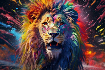 Poster - An vibrant photograph of a Lion splashed in bright paint, contemporary colors and mood social background.  Generative AI technology.