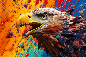 Poster - An vibrant photograph of a Eagle splashed in bright paint, contemporary colors and mood social background.  Generative AI technology.