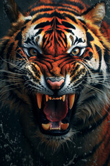 Poster - A powerful tiger with bold paint drips across its striped fur, representing the strength and fierce beauty of these apex predators. Generative AI technology.