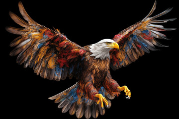 Poster - A stoic bald eagle with outstretched wings, each feather traced with intricate paint drips, representing the strength and freedom associated with this iconic bird. Generative AI technology.