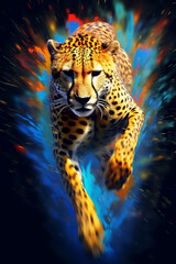 Aufkleber - A sleek and graceful cheetah captured mid-run, its body covered in streaks of vibrant paint drips, representing its incredible speed and agility. Generative AI technology.