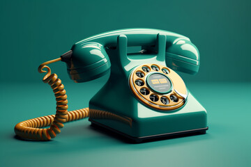 Wall Mural - An old-fashioned rotary telephone in a vibrant shade of teal, showcasing the nostalgic charm of vintage communication devices. Generative AI technology.