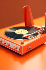 Fototapete - A retro record player in a vibrant shade of orange, complete with a vinyl record spinning on the turntable, capturing the timeless appeal of analog music. Generative AI technology.
