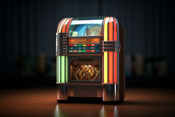 Fototapete - A colorful jukebox from the 1950s, adorned with chrome accents and illuminated buttons, symbolizing the golden era of rock and roll. Generative AI technology.