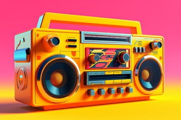 Wall Mural - A retro boombox with a cassette player and radio tuner, featuring a bold geometric pattern in vibrant hues, reminiscent of the music culture of the 1980s. Generative AI technology.