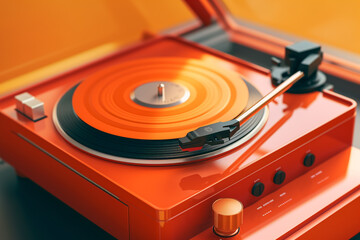 Fototapete - A retro record player in a vibrant shade of orange, complete with a vinyl record spinning on the turntable, capturing the timeless appeal of analog music. Generative AI technology.