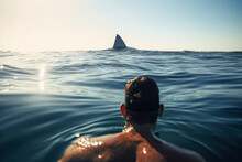 A Man Swims In The Sea And Sees A Shark Fin