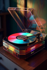 Fototapete - A retro turntable with a transparent dust cover, allowing music enthusiasts to showcase their vinyl collection while protecting it from dust. Generative AI technology.