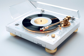 Fototapete - A retro turntable with a glossy white finish, complemented by gold accents and a transparent dust cover, embodying a modern take on a classic design. Generative AI technology.