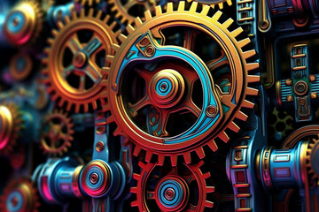 Fototapete - An intricate pattern of interlocking gears, resembling a mechanical machinery system. Generative AI technology.