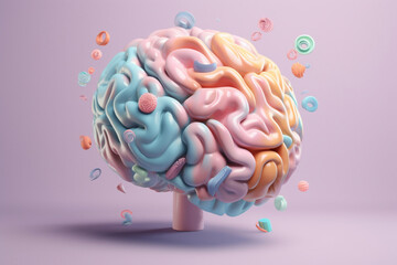 Poster - A pastel brain surrounded by blooming cherry blossoms, conveying a sense of renewal and beauty. Generative AI technology.