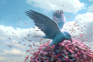 Poster - A pastel-colored brain with soft clouds and flying birds, evoking a sense of freedom and limitless possibilities. Generative AI technology.