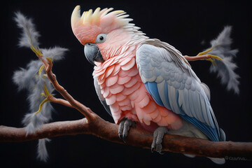 Fototapete - A pastel Cockatoo perched on a branch, its feathers adorned with subtle pastel shades and intricate details, radiating a sense of delicacy and freedom. Generative AI technology.