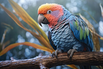 Fototapete - A pastel Parrot perched on a branch, its feathers adorned with subtle pastel shades and intricate details, radiating a sense of delicacy and freedom. Generative AI technology.