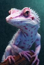 A Pastel-colored Gecko With A Majestic Mane, Rendered In Soft Hues Of Pink, Purple, And Blue, Exuding A Serene And Regal Presence. Generative AI Technology.