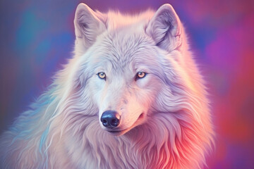 Poster - A pastel-colored Wolf with a majestic mane, rendered in soft hues of pink, purple, and blue, exuding a serene and regal presence. Generative AI technology.