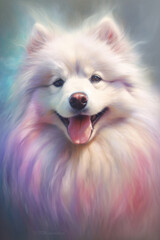 Poster - A pastel-colored Dog with a majestic mane, rendered in soft hues of pink, purple, and blue, exuding a serene and regal presence. Generative AI technology.