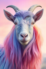 Poster - A pastel-colored Goat with a majestic mane, rendered in soft hues of pink, purple, and blue, exuding a serene and regal presence.  Generative AI technology.