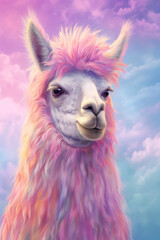 Poster - A pastel-colored Llama with a majestic mane, rendered in soft hues of pink, purple, and blue, exuding a serene and regal presence.  Generative AI technology.