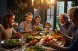 © FutureStock - Happy multi-generation family gathering around dining table and having fun during a lunch.