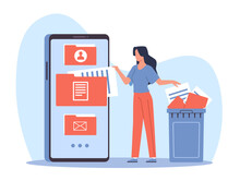 Woman Cleaning Cell Phone From Junk Files. Delete Documents In Trash, Optimization Smartphone Memory, Woman Near Garbage Bin, Cleansing Software, Cartoon Flat Isolated Vector Concept