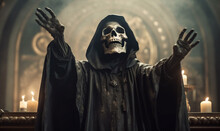 Skeleton Creepy Fear Hood Night Evil Halloween Horror Death Ghost. Generative AI.