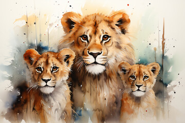 cute group of lions with two little lion kids in watercolor design 