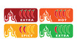 Spicy chili pepper hot fire flame icons. Extra, hot, spciy, mild spiciness level. vector spicy food level icons