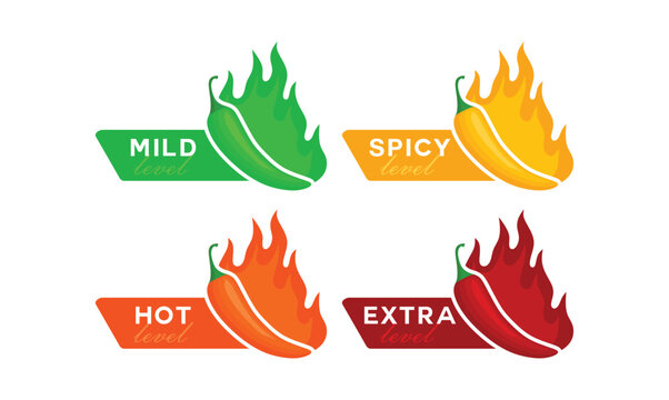 Spicy chili pepper hot fire flame icons. Extra, hot, spciy, mild spiciness level. vector spicy food level icons