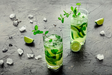 Mojito cocktail. Summer cold drink with lime, fresh mint, and ice. Cool beverage on a black slate background