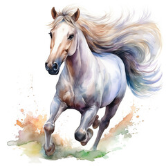  Beautiful horse watercolor painting, a white stallion galloping across a meadow or desert.