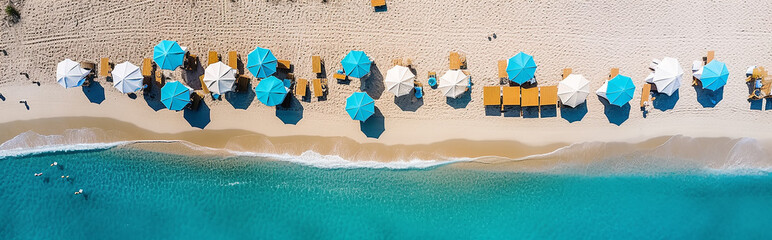 Wall Mural - aerial panorama drone view beach line surf umbrellas and sun beds on the sand. Generative AI