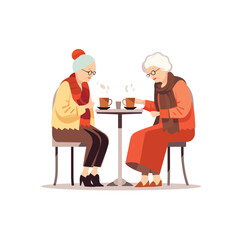 Wall Mural - two old women drinking coffee vector flat isolated illustration